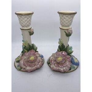 Set Of 2 FITZ and FLOYD Candlesticks‎ Cabbage Rose Flowers Floral-1 Repaired